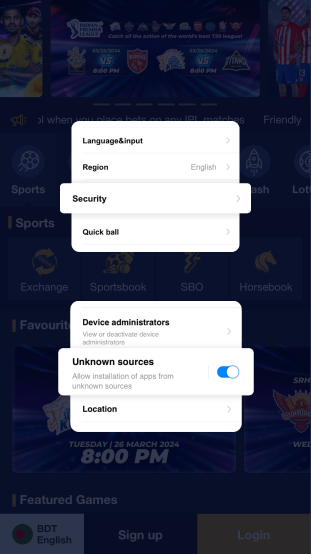 Change the security settings to install apk